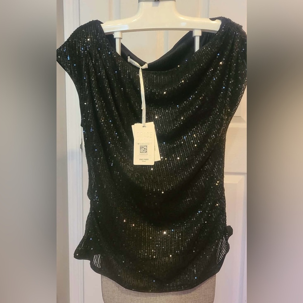 Grace Karin Black Sequin Off the Shoulder Ruched Blouse - Picture 6 of 9